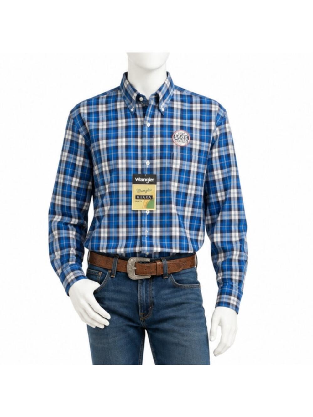 Wrangler Riata Easy Care Plaid Button Front Shirt Mens L Blue Western NWT rodeo